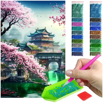 Zdjęcie produktu dla Haft diamentowy ARTULIO - Pagoda i kwitnące wiśnie - 60 × 40 cm - Diamond painting, Kompletny zestaw: mozaika + akcesoria