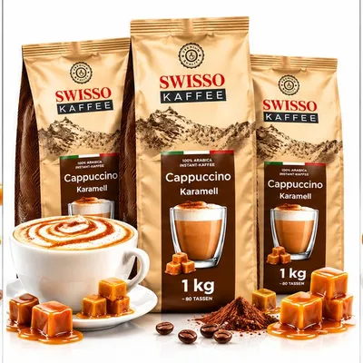Productafbeelding van SWISSO Cappuccino Karamel 3 x 1 kg – Instant Cappuccinopoeder met Karamelsmaak – Oplosbaar Koffiedrankpoeder 3 kg