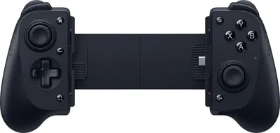 A black mobile gaming controller is shown against a white background.