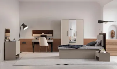 Produktbild von Beige Schlafzimmer Möbel Edles Bett Holz Nachttische Schminktisch