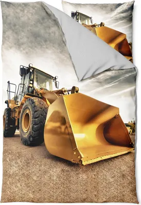 A close-up, low-angle shot of a yellow construction excavator with its bucket raised, set against a cloudy sky.
