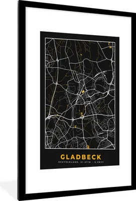 Produktbild von MuchoWow® Gerahmtes Poster Deutschland - Schwarz und Gold - Gladbeck - Stadtplan - Karte 60x90 cm - Poster mit Schwarzem Bilderrahmen Wandposter Rahmen Foto Bilder - Dekoration - Wandposter Wohnzimmer - Hochwertig