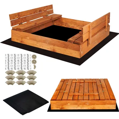 Produktbild von Springos® Sandkasten mit Sitzbänken 120 x 120 cm Imprägniert Holzsandkasten Sandbox mit Deckel Holz Sandkiste inkl. Bodenvlies