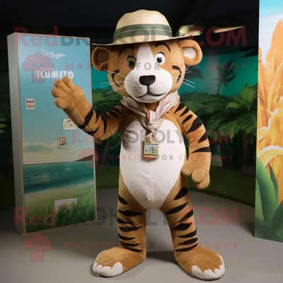 Produktbild von Maskottchen REDBROKOLY Kostümfigur Oliver Tiger bekleidet mit Badebekleidung und Hutnadeln