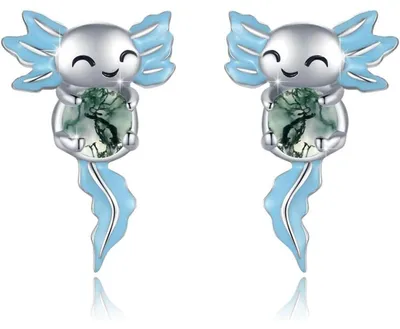 Produktbild von Axolotl Ohrstecker 925 Sterling Silber Moosachat Hypoallergen Tier Schmuck Geschenk Damen Mädchen