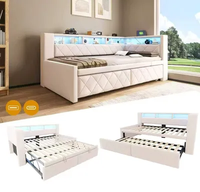 Obrázek produktu pro Postel o rozměrech 90 x 200 cm s výsuvnou postelí, LED osvětlením, USB a Type-C porty, bočními úložnými prostory, lněným potahem a konstrukcí z MDF, barva béžová