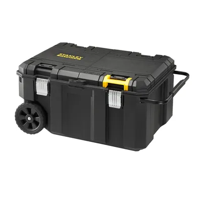 A black rolling tool chest with yellow accents and a Stanley logo on a white background.