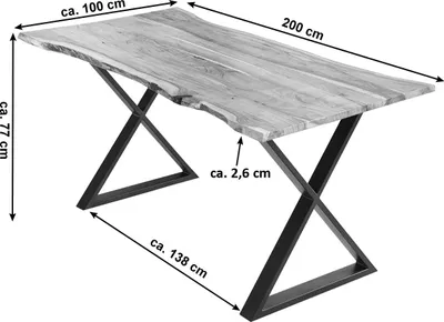 Produktbild von Esstisch 200x100cm Marbella, echte Baumkante, Akazienholz naturfarben + massiv, Baumkantentisch mit geschlossenem X-Metallgestell Schwarz, Esszimmertisch