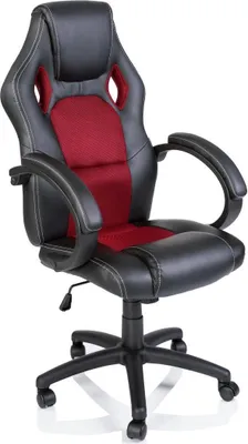 A black and red racing-style office chair is shown against a white background.
