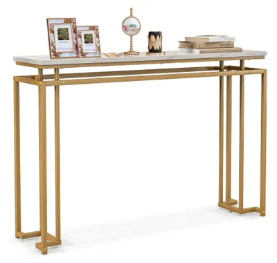 Produktbild von Konsolentisch in Marmoroptik, schmaler Flurtisch, Beistelltisch mit Metallrahmen, Eingangstisch für Flur und Wohnzimmer, 120 x 30 x 80,5 cm, Gold