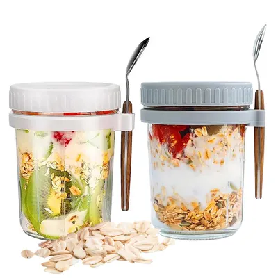 Produktbild von 2er Set Overnight Oats Glasbecher mit Deckel & Löffel, 350ml, Versiegelung für Frühstück & Joghurt, Ideal für unterwegs, Weiß + Grau