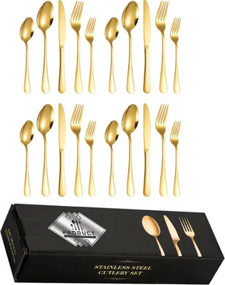 Obrázek produktu pro Zlatá sada příborů, Moxinox 20dílná sada příborů z nerezové oceli pro 4 osoby, zlatý zrcadlový povrch, ideální pro domácnost, svatbu, festival, párty, lze mýt v myčce nádobí