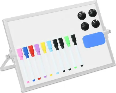 Zdjęcie produktu dla Stolik z tablicą suchościeralną Relaxdays, 20 x 30 cm, magnetyczny, obracany o 360°, w zestawie z pisakami, magnesami, gąbką i tablicą magnetyczną, biało-srebrny