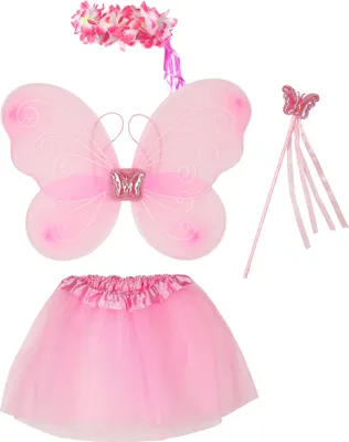 Produktbild von KarneLux Kinder Feen Kostüm Set 4 tlg. für Mädchen - Schmetterling Prinzessin Verkleidung mit Tütü, Flügeln, Zauberstab und Haarreif - Alter 3-8 Jahre