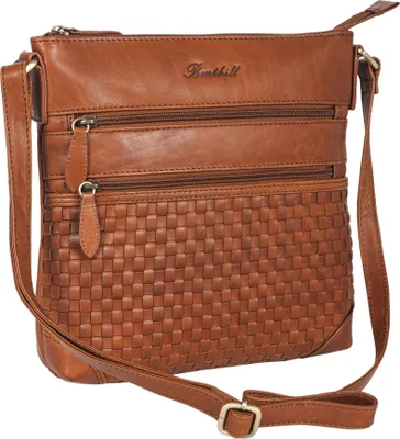 Produktbild von Benthill Echt Leder Umhängetasche | Damen Schultertasche aus Rindsleder | Schmale Vintage Damen Handtasche mit geflochtenem Muster