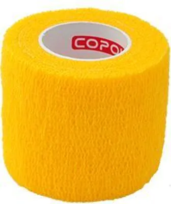 A roll of yellow athletic tape with the brand name 'COPO' visible on the inner cardboard tube.