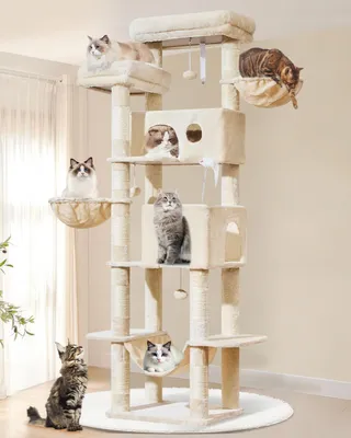 Image de Arbre à gratter XXL, 193 cm de hauteur, 7 poteaux à gratter, 2 cachettes, 2 paniers, hamac, pour chats de grande taille