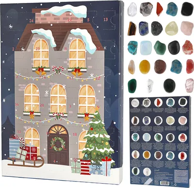 Produktbild von Adventskalender Edelsteine Papier Minerale Polyester 13x26x3cm 22 Edelsteine 1 Schlüsselanhänger 1 Armband Adventsbox Kristalle Steine