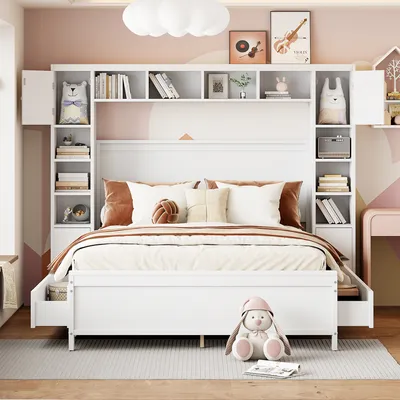 Image de OKWISH Lit Avec Rangement 140x200 cm - Lit Double Avec 4 Tiroirs Et Grand Placard, Bois Massif, Blanc