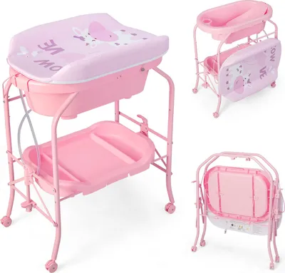 Produktbild von COSTWAY 4 in 1 Wickeltisch bis 35 kg, Wickelkommode mit Badewanne, Wickelauflage & Universalrädern, Wickelstation für 0-12 Monate Baby, Rosa