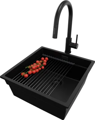 Produktbild von PRIMAGRAN Granitspüle Alles Schwarz 46x47cm, Spülbecken 1 Becken + Ablauf-Set + Küchenzubehörset, Küchenspüle ab 50er Unterschrank - Praga Slim