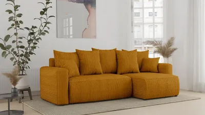 Zdjęcie produktu dla Narożnik z funkcją spania i podstawą do łóżka DENVER - w kształcie litery L w stylowym POSO Gold Ottoman po prawej stronie