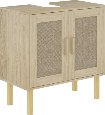 Produktbild von Waschtischunterschrank, Rattantš¹ren, Kiefernholzbeine, 2 Ablagen, 60 x 30 x 60 cm, Eiche