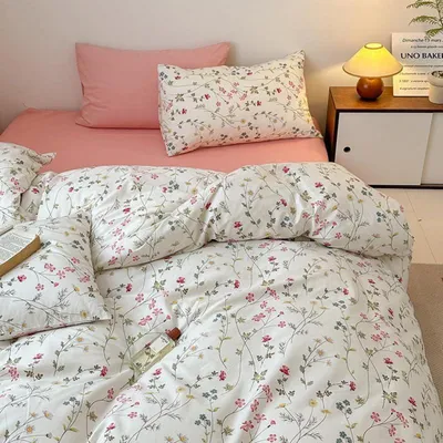 Produktbild von Bettwäsche-Set Baumwolle Blumen Beige Rosa Bunt 220x240cm 1+80x80cm 2