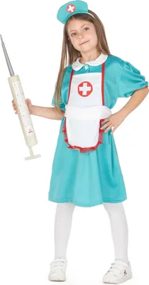 A young girl dressed in a nurse costume, holding a large toy syringe.