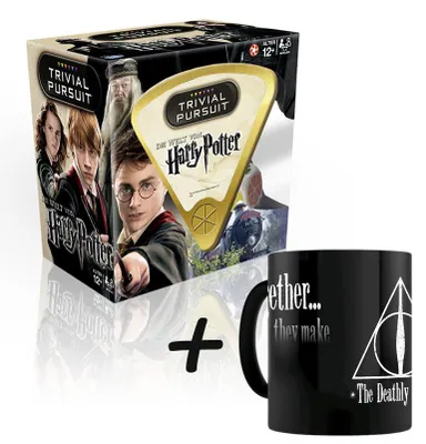 Produktbild von Trivial Pursuit Harry Potter Gesellschaftsspiel + Zaubertasse Tasse "Deathly Hallows"