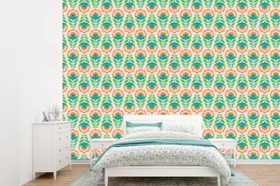 Produktbild von Retro-Blumen-Wandtapete - Grün-Orange - 305 cm breit x 220 cm hoch
