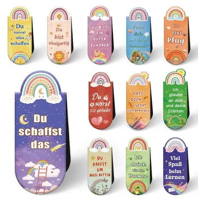 Immagine prodotto di Segnalibri magnetici per bambini, set da 12, arcobaleno, con frasi, ideali per l'inizio della scuola, da inserire nello zaino o da regalare
