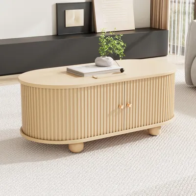 Image de OKWISH Table Basse Ovale avec Rangement - Table de Salon Moderne en MDF, Chêne, 100×50×40 cm