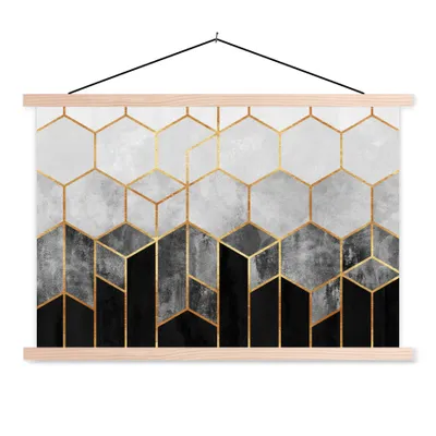Produktbild von MuchoWow® Textilposter Gold - Sechseck - Chic - Muster - Luxus 120x80 cm mit holzfarbenen Rahmen - Aufhängeset