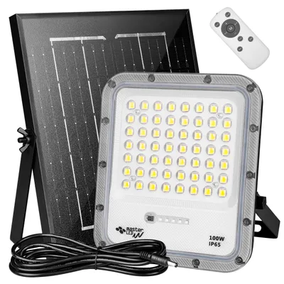 A solar floodlight with its accessories, including a solar panel, remote control, and cable, displayed on a white background.