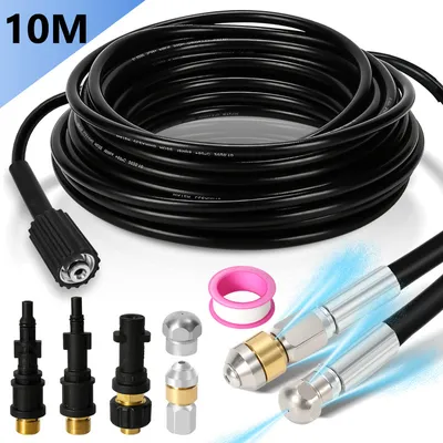 Produktbild von Hengda Rohrreinigungsschlauch Set 10M, mit Düsen starr + rotierend, 3 Adapter, für handelsübliche Hochdruckreiniger, universelles Rohrreinigungs Set