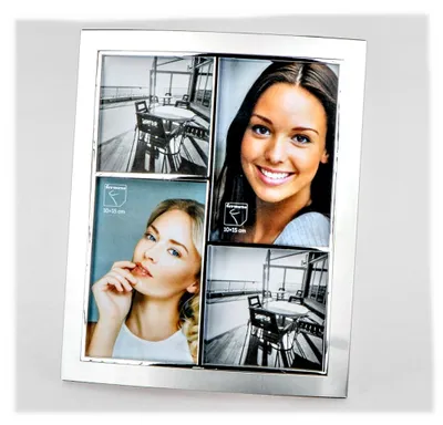 A multi-photo frame with images of people and a table setting.