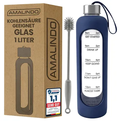 Produktbild von Amalindo Trinkflasche Glas 1 L aus Borosilikatglas, Marineblau