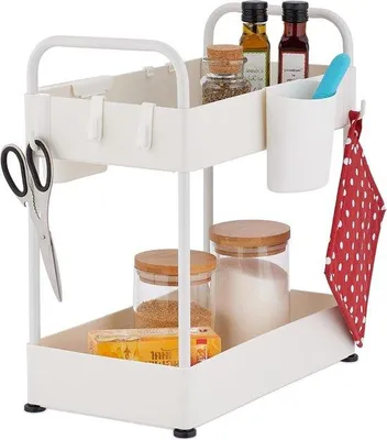 Image de Panier de cuisine à 2 étages avec 6 crochets - hauteur réglable - blanc - Rangement pour évier