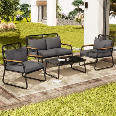 Image de Ensembles de canapés de jardin pour 4 personnes, ensemble de salon de jardin, mobilier de terrasse avec structure en fer galvanisé, plateau de table en verre trempé, pieds réglables