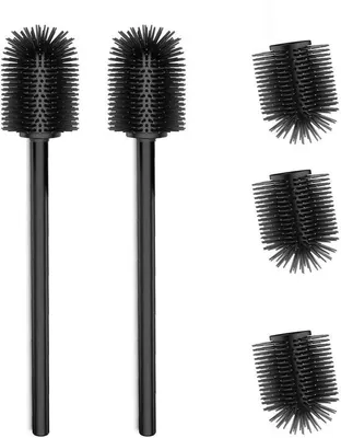 Produktbild von Unyqoos® Silikon-Toilettenbürsten-Set mit 5 Wechselköpfen, 2x 304-Edelstahl-Griff, 7 cm Bürstenkopf, matt-schwarz, 360° Tiefenreinigung