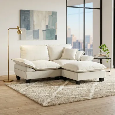 Produktbild von Modulares Ecksofa im Segelboot-Design, bequemer Chenille-Couch mit Ottomane & 2 Kissen, ideal für Wohnzimmer & Apartments, Beige