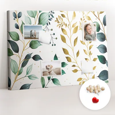 Immagine prodotto di Bacheca in sughero con puntine - Bacheca con puntine per foto e appunti - 100x70 cm - Puntine in legno (100 pezzi) - Motivo foglie