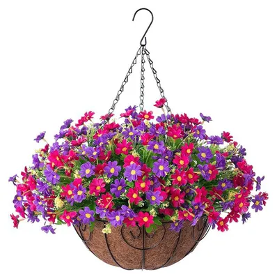 Produktbild von Künstlicher Hängeblumenkorb, UV-beständig, bunte Eukalyptus-Kunstblumen im Korb für den Außenbereich, ideal für Veranda, Terrasse, Balkon und als Dekoration.