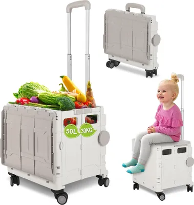 Produktbild von Faziango weiß Leichter Falt-Einkaufswagen, 55kg Tragkraft, dreistufig höhenverstellbar, abnehmbare & leise Räder, Bremse