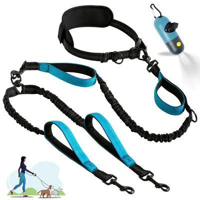 Immagine prodotto di Guinzaglio doppio a mano con cintura per l'anca, per due cani, con divisore, guinzaglio riflettente, antistrappo, colore blu