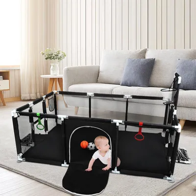Produktbild von Laufstall Baby 180x120cm,Laufgitter Schutzgitter mit Rutschfester Basis und Atmungsaktivem Netz,Große Sicherheitsspielplatz mit Basketballkorb Schwarz