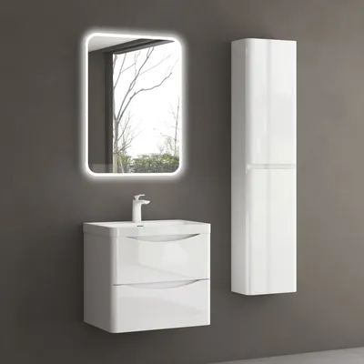 Produktbild von doporro Badmöbel-Set Waschbeckenunterschrank Waschtisch mit Unterschrank Wandmontage in glänzend weiß, BTH: 60x42x50 cm, inkl. Mineralguss-Waschbecken und LED-Badspiegel Smile