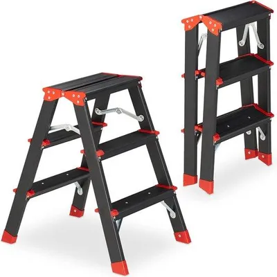 Immagine prodotto di Scala a doppia rampa in alluminio, 3 gradini, fino a 120 kg, leggera, 58 x 40,5 x 56 cm, per ingresso e cucina, nera