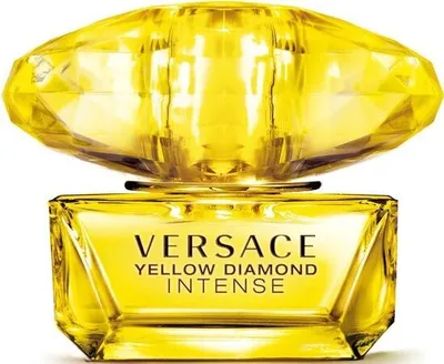 A studio shot of a yellow Versace Yellow Diamond Intense perfume bottle.